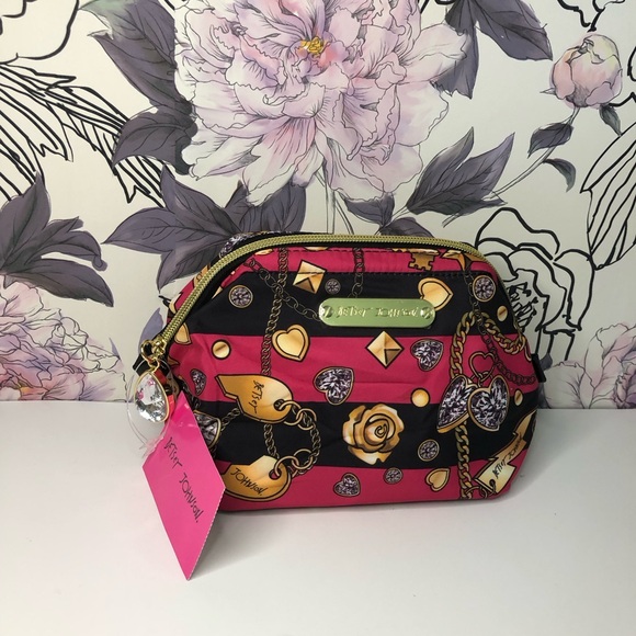 Betsey Johnson Handbags - NEW Betsy Johnson Cosmetic Make up Travel Bag Pink Rose Jewelry Bling Zip Pouch